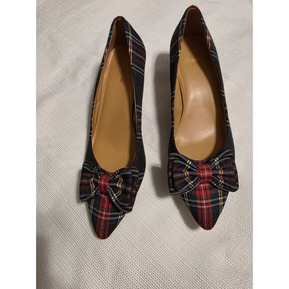 J.Crew Women’s Plaid Bow Kitten Heel Pumps Size 8 Pointed Toe Holiday Shoe - Picture 1 of 7